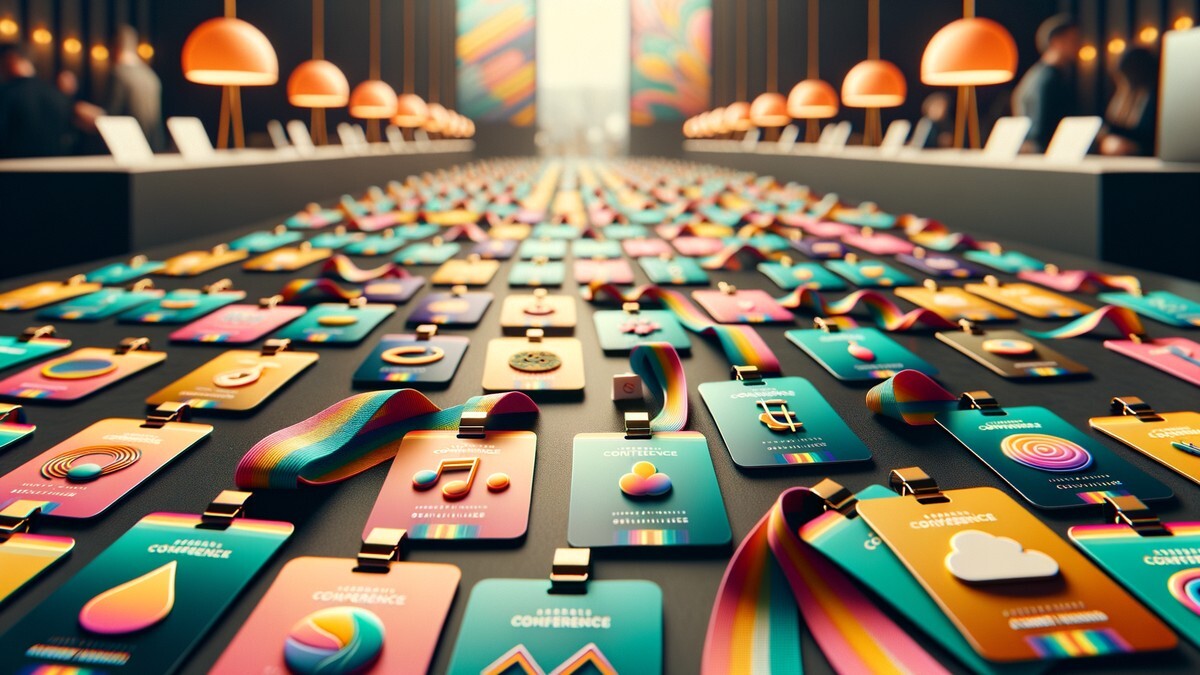 Multiple conference badges with unique colour accents and personality icons spread across a registration desk