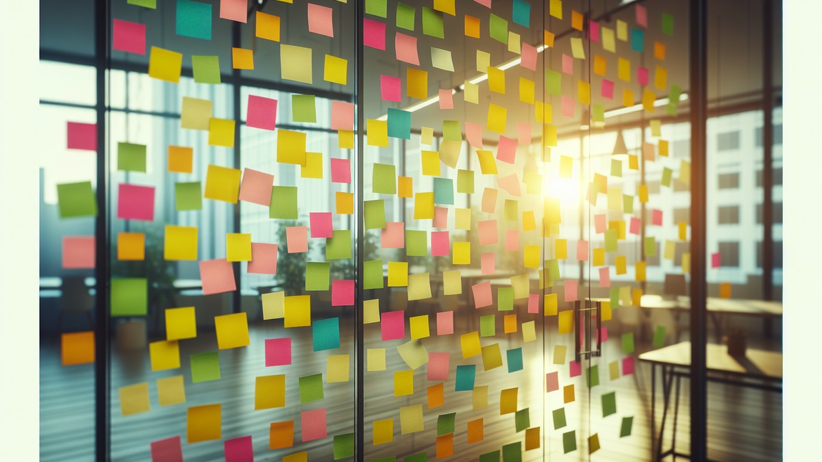 Colourful post-it notes covering a glass wall in a modern conference space, backlit by natural daylight